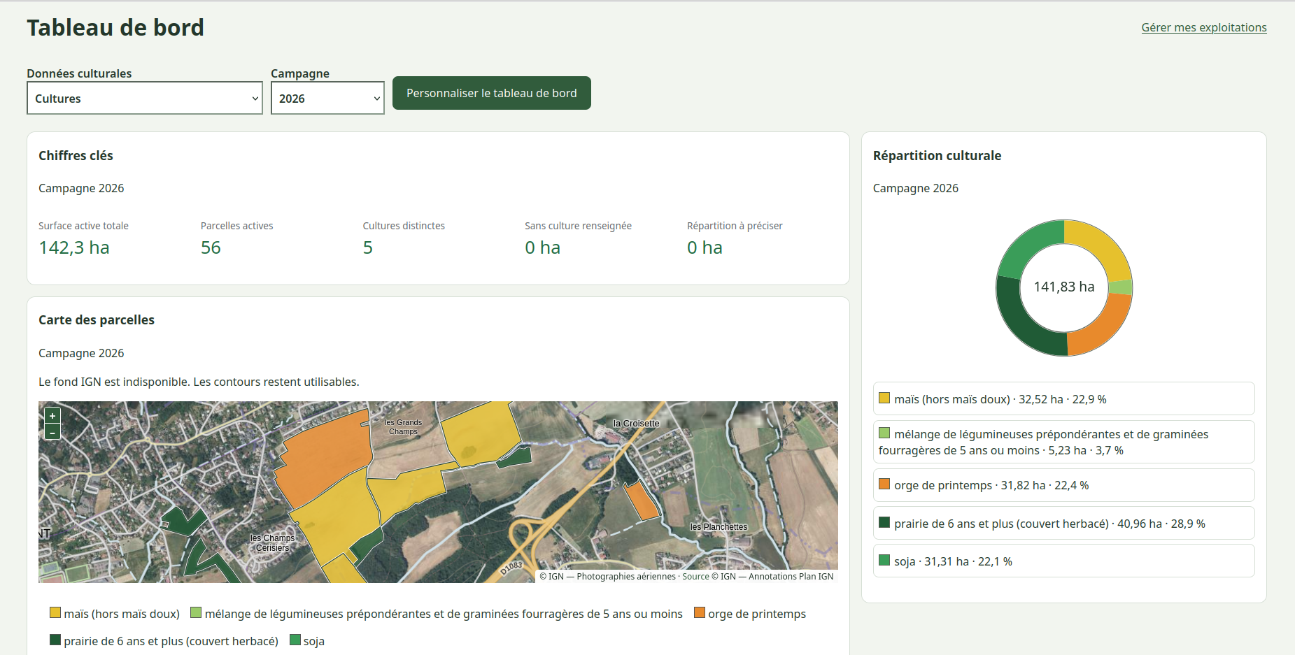 Capture réelle du tableau de bord Farm Web : chiffres clés, carte des parcelles et répartition culturale.